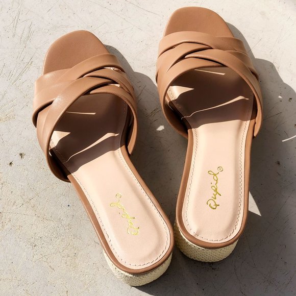 NEW Multi Crisscross Straps Natural Raffia Oval Block Heel Slip On Slide Sandals - Picture 8 of 14